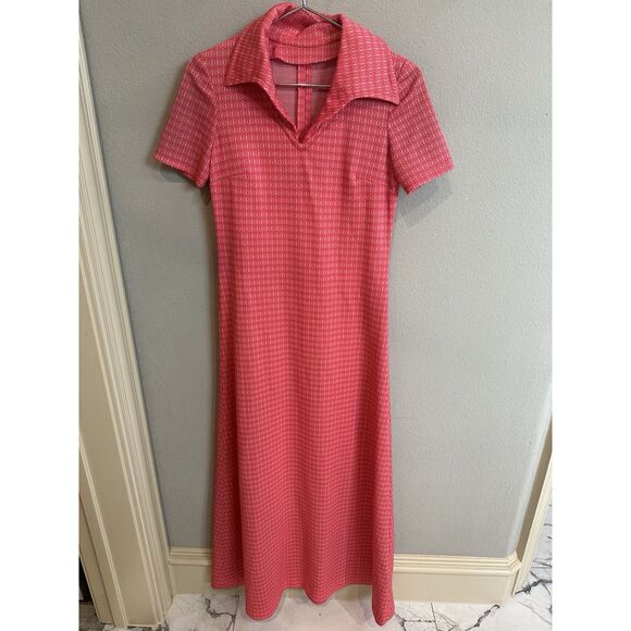 Vtg 60s/70s Handmade Pink Geometric Knit Maxi Dress, Collar, Short Sleeve S/M - Picture 3 of 16